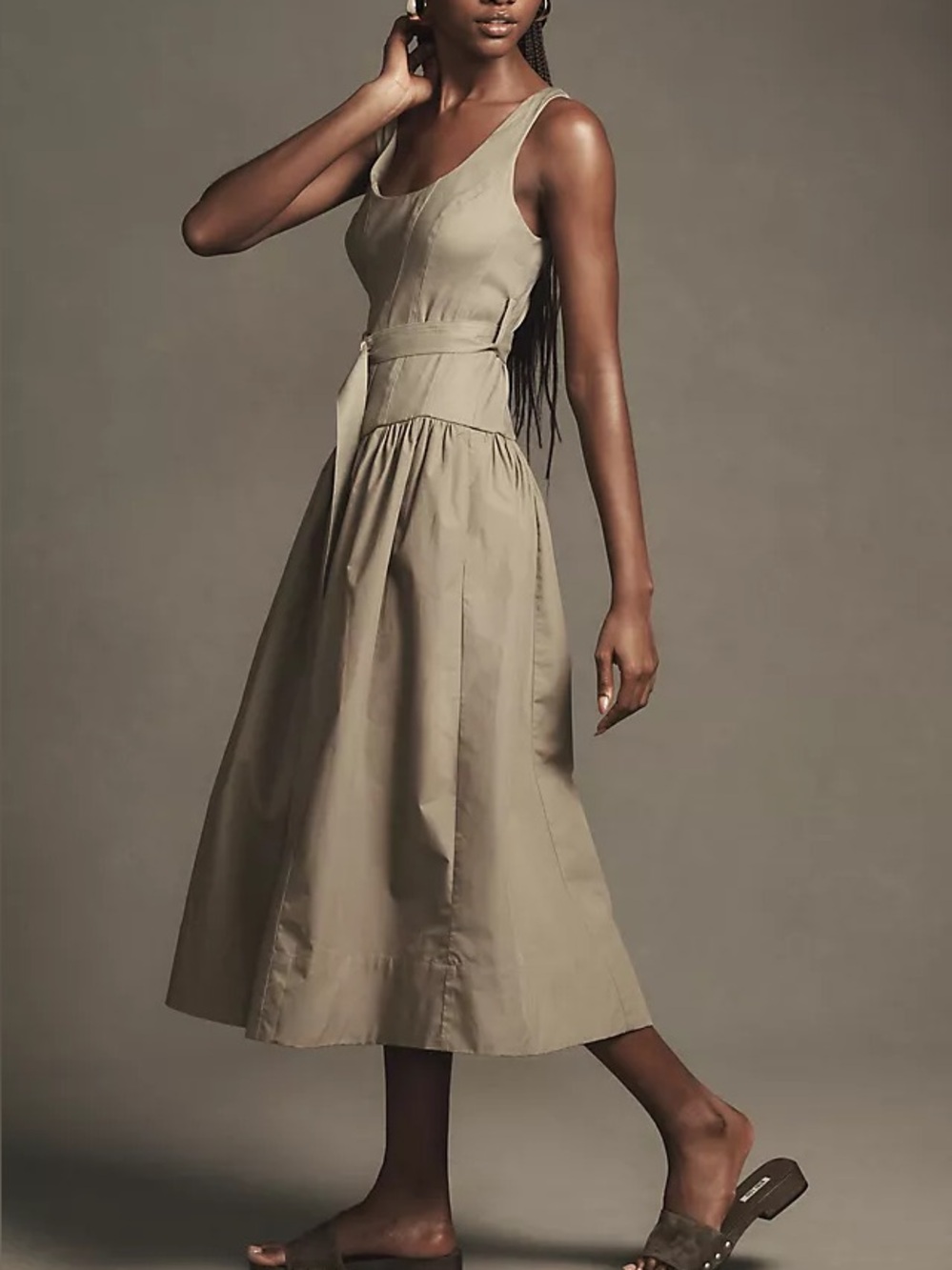 Anthropologie Sleeveless Belted Drop-Waist Midi Dress Utility Corset Olive Small - Picture 3 of 9